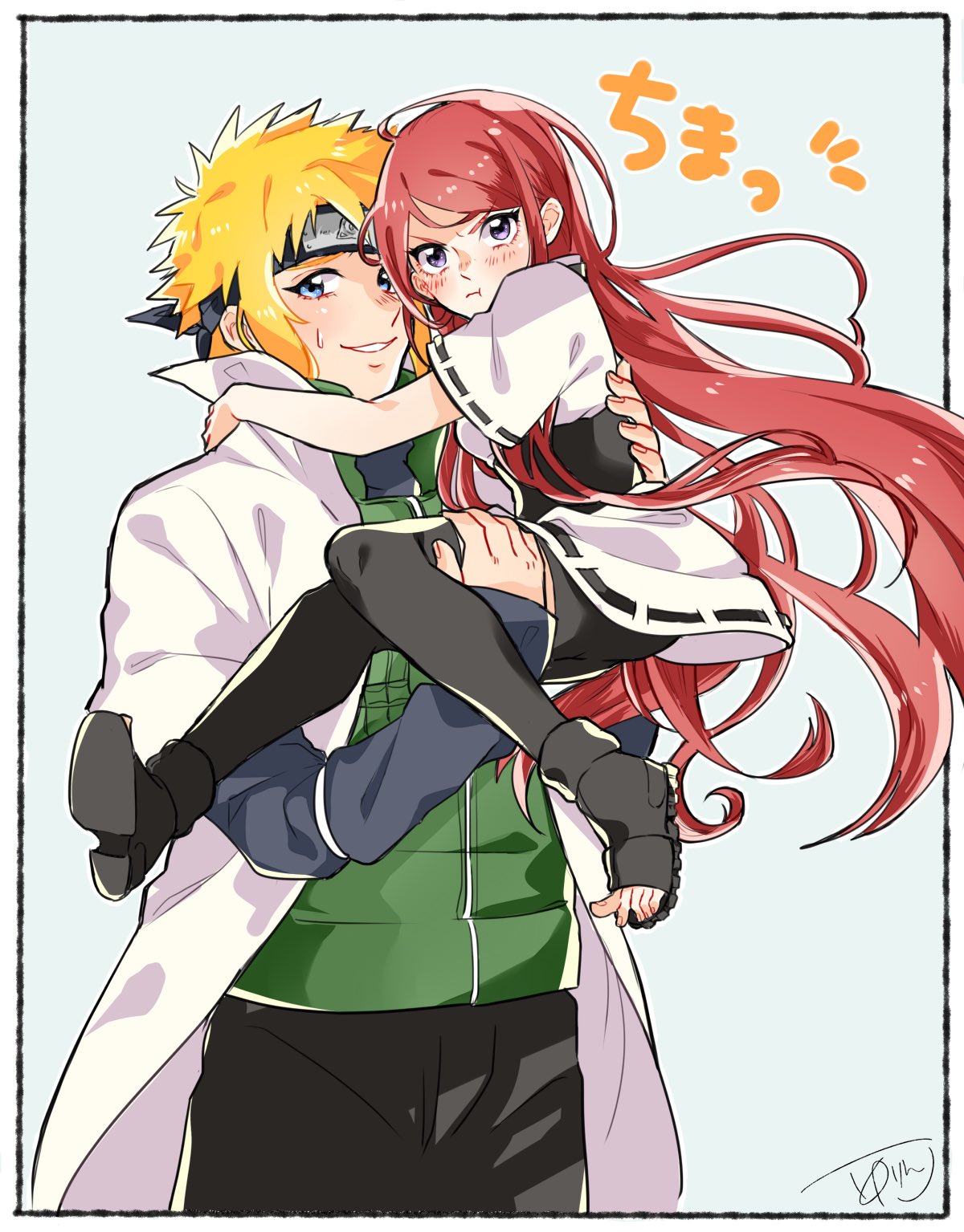 1boy 1girl aged_down awarinko bangs blonde_hair blue_eyes blush carrying closed_mouth collared_cape commentary_request forehead_protector highres long_hair long_sleeves looking_at_viewer namikaze_minato naruto naruto_(series) one_eye_closed pout princess_carry redhead ribbon-trimmed_sleeves ribbon_trim short_sleeves sidelocks sweatdrop toeless_footwear uzumaki_kushina
