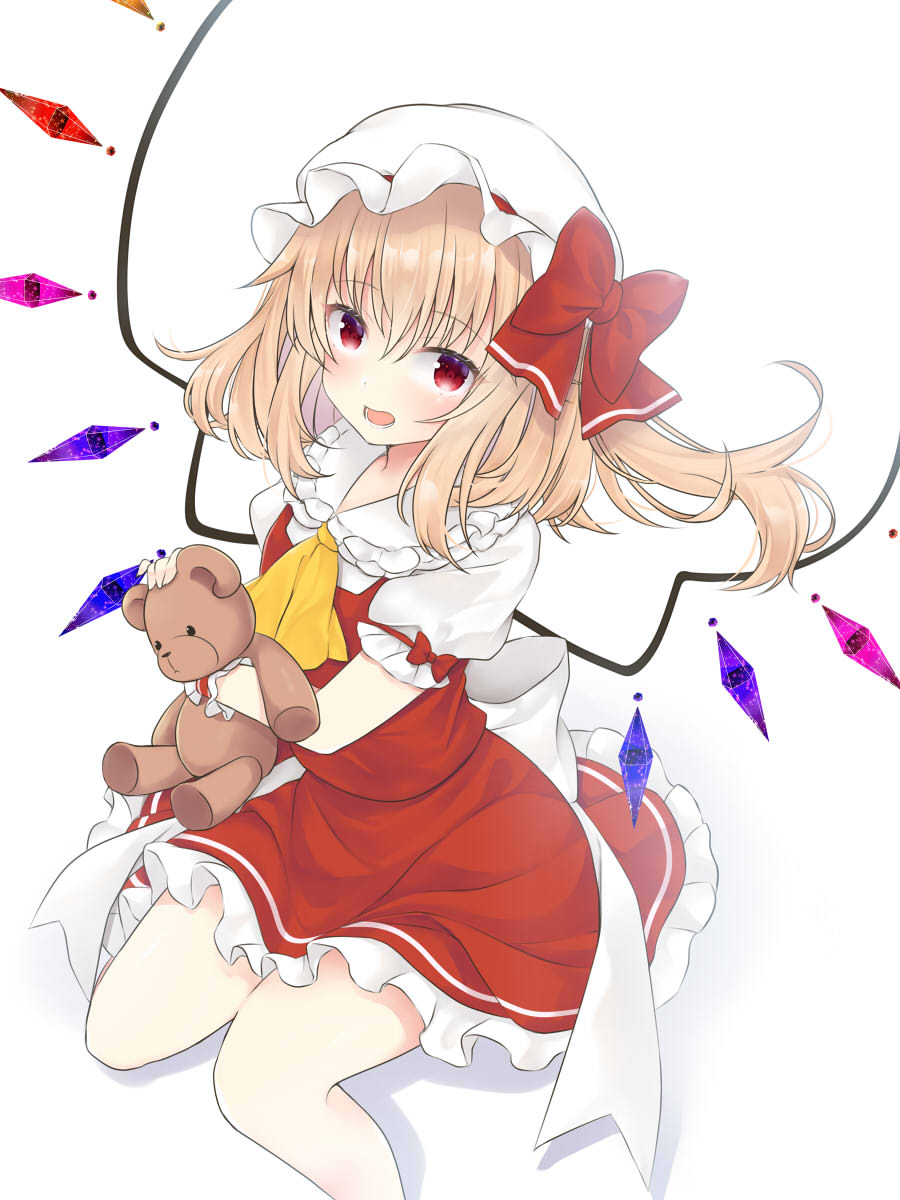 1girl :d ascot back_bow bangs blonde_hair blush bow collared_shirt crystal fang flandre_scarlet foot_out_of_frame frilled_shirt_collar frilled_skirt frilled_sleeves frills hair_between_eyes hat hat_ribbon highres holding holding_stuffed_toy looking_at_viewer lower_teeth medium_hair mob_cap one_side_up open_mouth puffy_short_sleeves puffy_sleeves red_eyes red_ribbon red_skirt red_vest ribbon shiny shiny_hair shirt short_sleeves simple_background skirt skirt_set smile solo stuffed_animal stuffed_toy teddy_bear teeth tosakaoil touhou vest wavy_hair white_background white_bow white_headwear white_shirt wings wrist_cuffs yellow_ascot