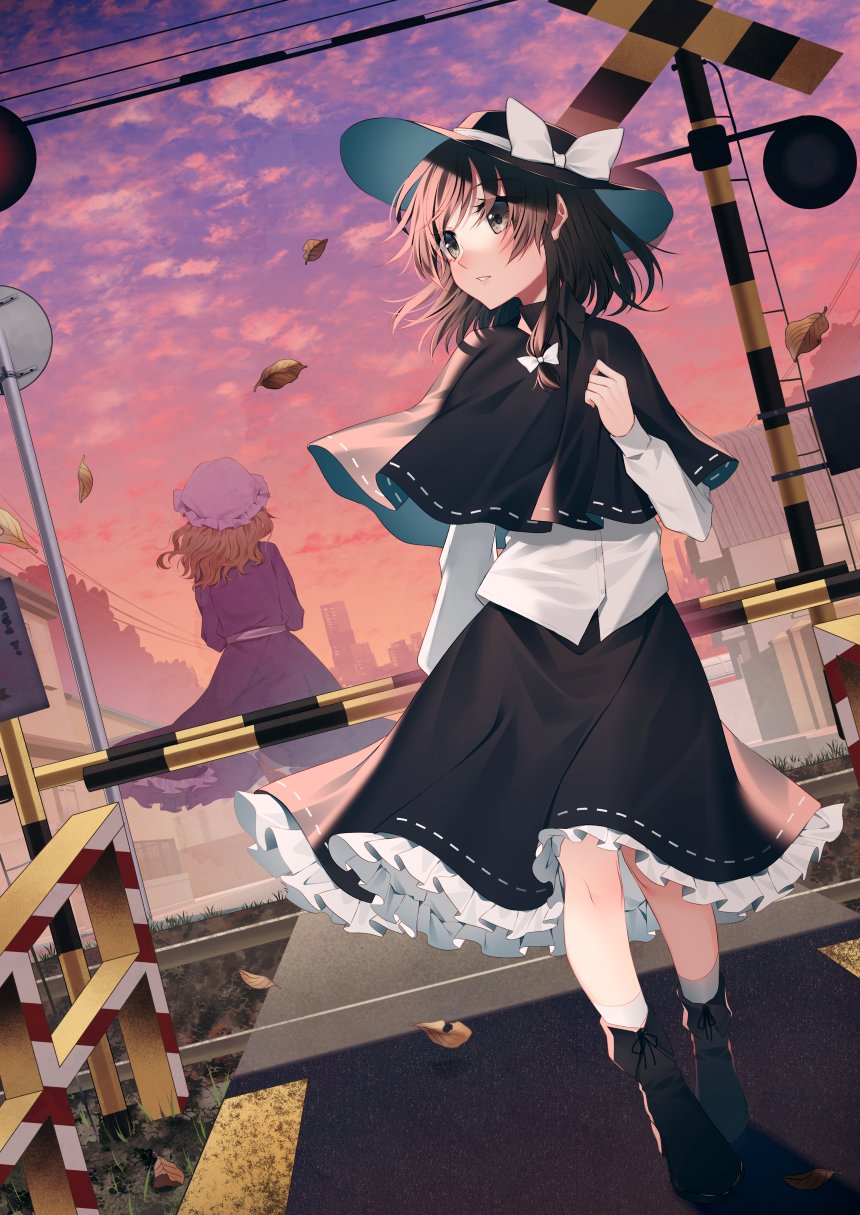 2girls autumn_leaves bangs black_capelet black_footwear black_headwear black_skirt boots bow brown_hair building capelet city clouds cloudy_sky commentary_request dress dutch_angle from_behind full_body gradient_sky grey_eyes hair_bow hat hat_bow highres kaede_(mmkeyy) long_hair long_sleeves looking_to_the_side maribel_hearn mob_cap multiple_girls orange_sky parted_lips purple_dress purple_sky railroad_crossing railroad_signal railroad_tracks ribbon-trimmed_capelet ribbon-trimmed_skirt ribbon_trim scenery shirt skirt sky socks solo_focus touhou usami_renko white_bow white_headwear white_shirt white_socks