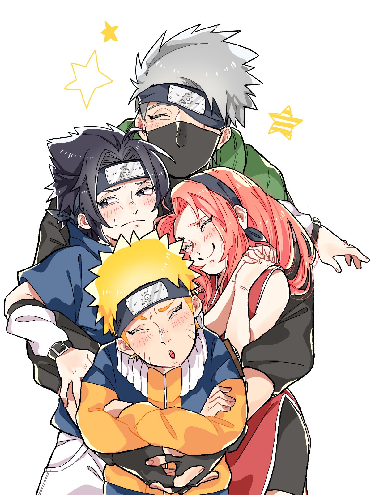 1girl 3boys ahoge arm_warmers awarinko bangs black_eyes black_gloves black_hair black_mask blonde_hair blush closed_eyes commentary_request crossed_arms facial_mark fingerless_gloves forehead_protector gloves haruno_sakura hatake_kakashi highres hug hug_from_behind konohagakure_symbol long_hair looking_to_the_side mask mask_over_one_eye mouth_mask multiple_boys naruto naruto_(series) own_hands_together parted_bangs pink_hair scar scar_across_eye smile sweatdrop uchiha_sasuke uzumaki_naruto whisker_markings