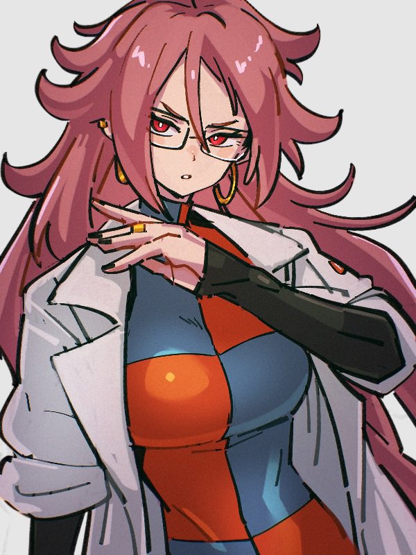 1girl android_21 black_nails black_sleeves breasts checkered_clothes checkered_dress dragon_ball dragon_ball_fighterz dress earrings fingernails glasses grey_background hair_between_eyes hoop_earrings jewelry kemachiku labcoat large_breasts long_hair looking_at_viewer red_eyes redhead simple_background solo