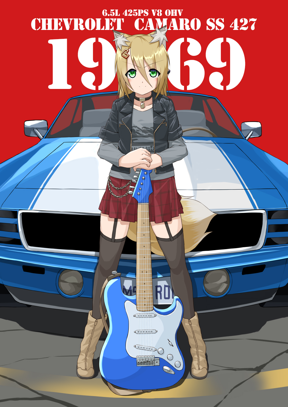 1girl arai_kogane bangs black_jacket black_thighhighs blonde_hair boots brown_footwear car chevrolet_camaro closed_mouth commentary dress full_body garter_straps green_eyes grey_shirt ground_vehicle hair_between_eyes highres holding holding_instrument instrument jacket layered_dress long_sleeves looking_at_viewer motor_vehicle muscle_car open_clothes open_jacket original plaid plaid_skirt red_skirt shirt short_sleeves skirt smile solo standing thigh-highs