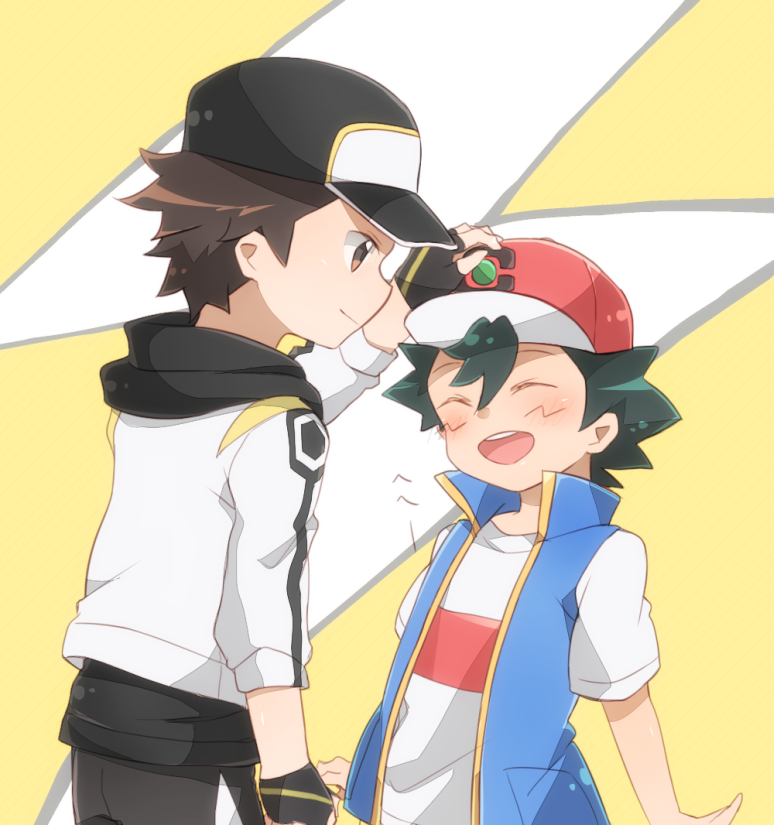 2boys ash_ketchum bangs baseball_cap black_headwear blue_jacket brown_eyes brown_hair closed_eyes closed_mouth commentary_request fingerless_gloves gloves hand_up hat headpat jacket male_focus miu_(chuyu825) multiple_boys official_alternate_costume open_mouth pokemon pokemon_(game) pokemon_masters_ex red_(pokemon) shirt short_hair short_sleeves sleeveless sleeveless_jacket smile t-shirt teeth tongue upper_teeth white_jacket white_shirt