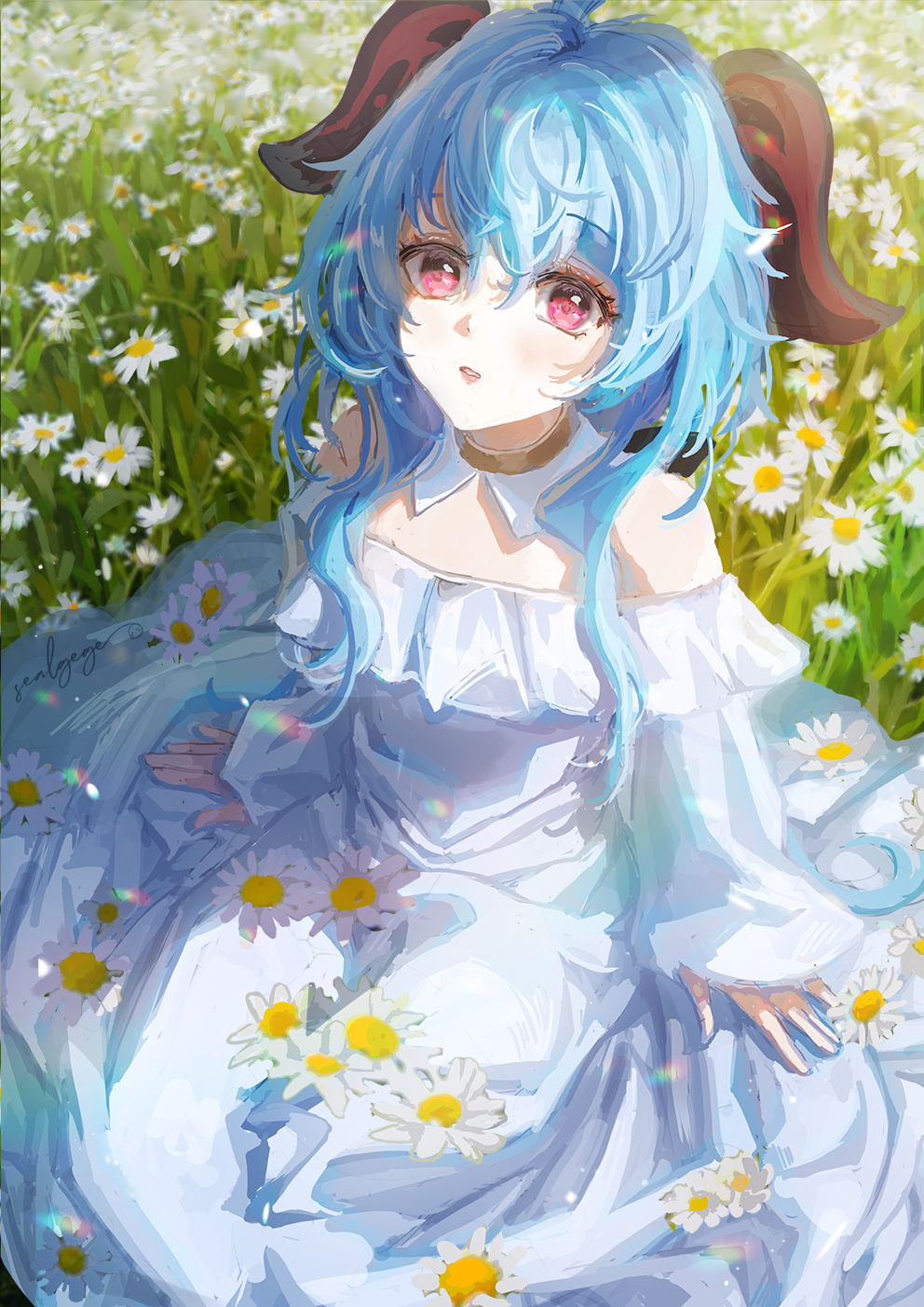 1girl alternate_costume bangs bare_shoulders blue_hair collar commentary dress field flower flower_field ganyu_(genshin_impact) genshin_impact goat_horns highres horns long_hair long_sleeves looking_at_viewer off-shoulder_dress off_shoulder open_mouth pink_eyes sealgege signature solo white_collar white_dress white_flower