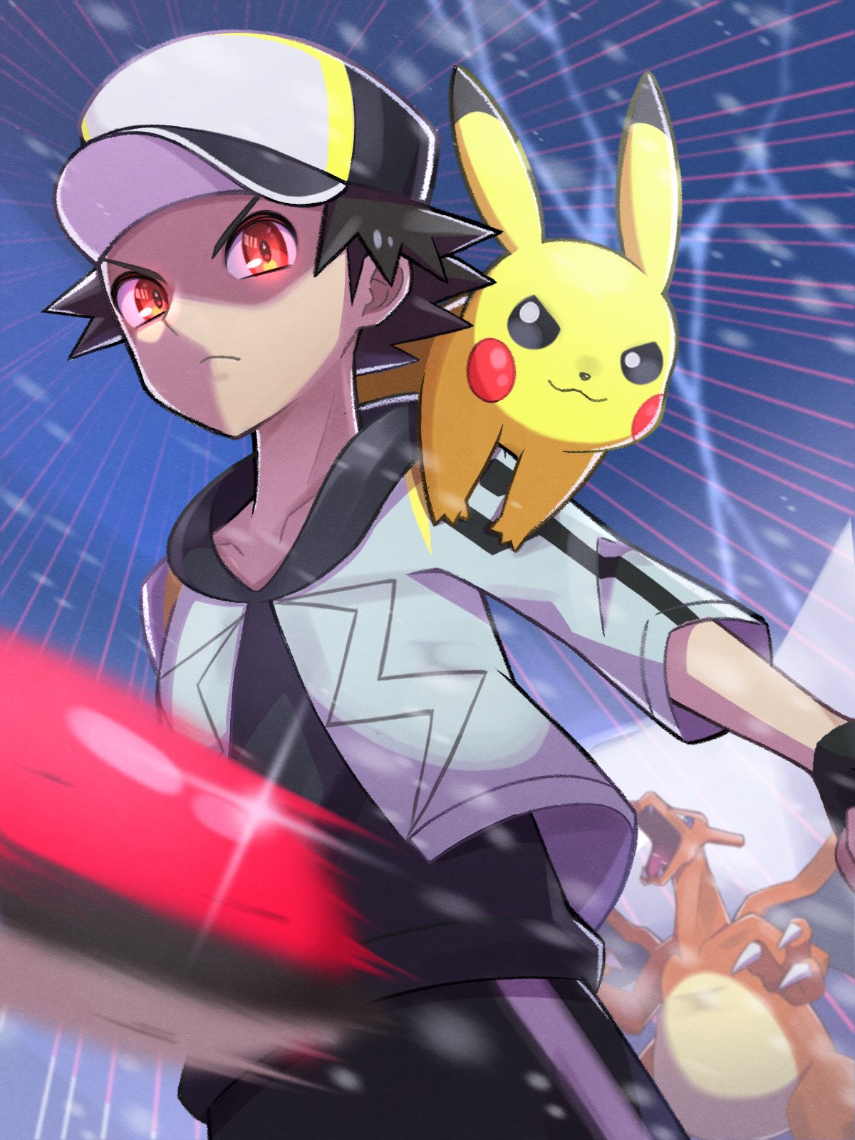 1boy charizard claws collarbone fingerless_gloves gloves glowing glowing_eyes highres inana_umi lightning male_focus official_alternate_costume on_shoulder open_mouth pikachu poke_ball poke_ball_(basic) pokemon pokemon_(creature) pokemon_(game) pokemon_masters_ex pokemon_on_shoulder red_(pokemon) red_eyes snowing throwing throwing_poke_ball v-shaped_eyebrows wings