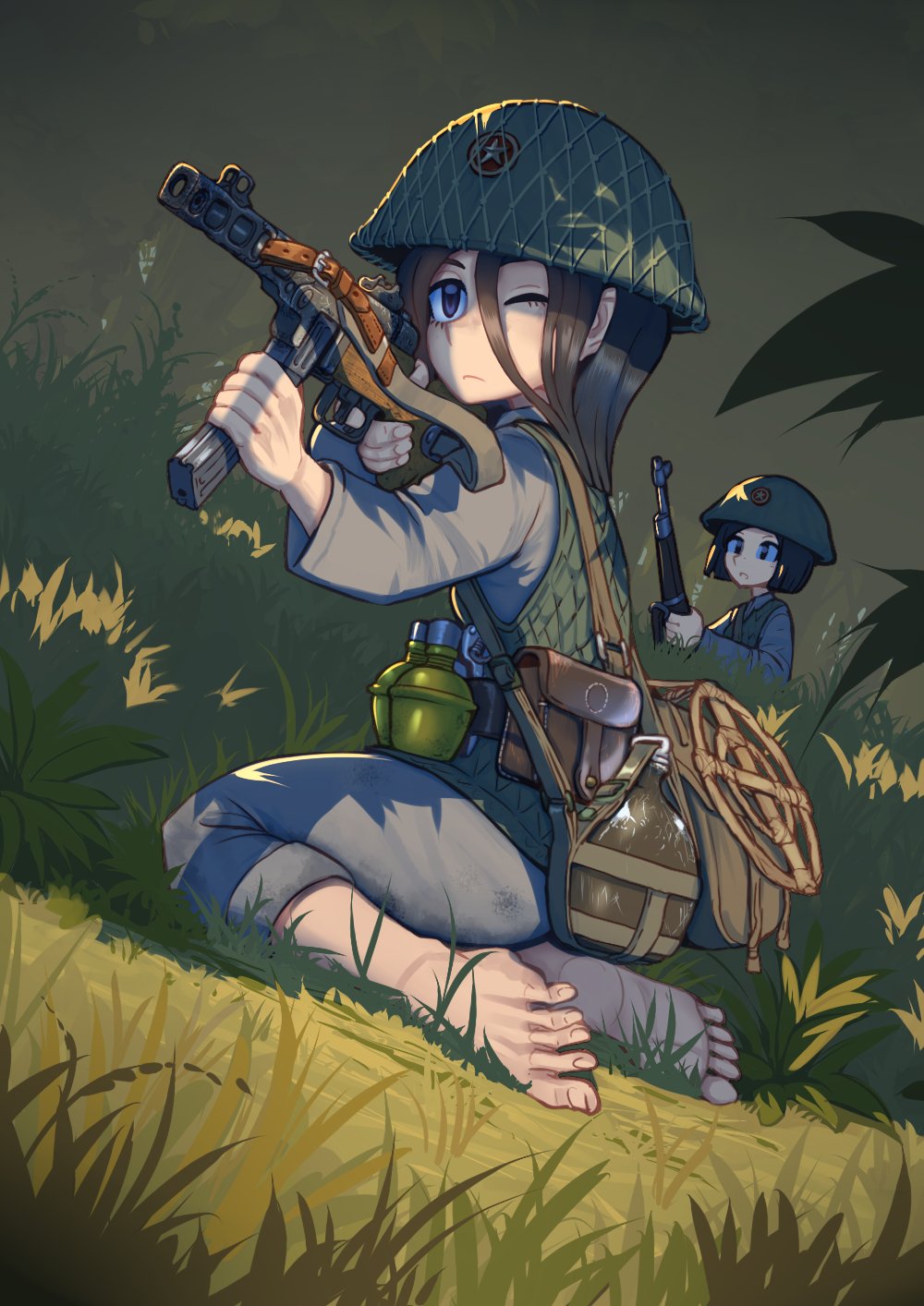 aiming barefoot canteen erica_(naze1940) explosive forest grass grenade gun helmet highres holding holding_gun holding_weapon jacket long_hair long_sleeves military multiple_girls nature one_eye_closed original pants rifle submachine_gun vietnam_war weapon