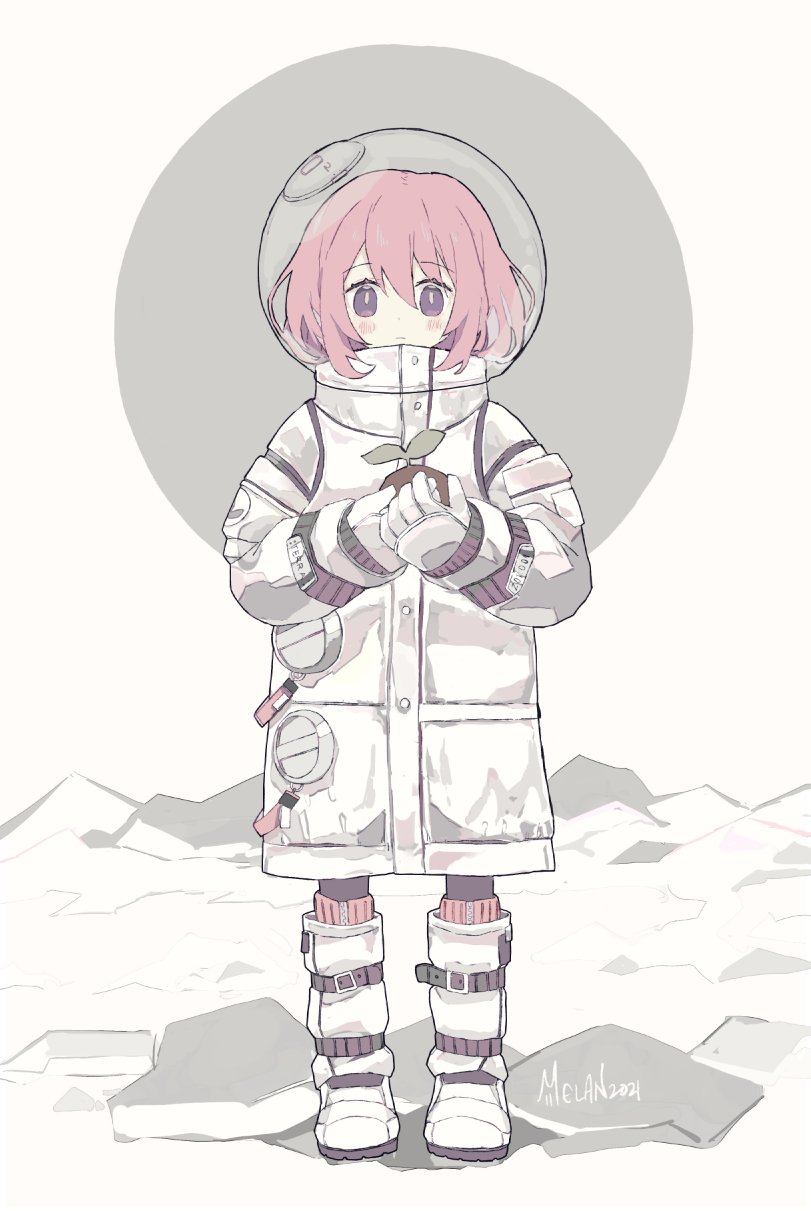 1girl artist_name astronaut bangs belt belt_boots blush boots buttons circle commentary english_commentary english_text gloves grey_theme hair_between_eyes highres holding holding_plant looking_at_object looking_down melanbread original pink_hair plant rock short_hair signature solo space_helmet spacesuit straight-on violet_eyes white_footwear white_gloves