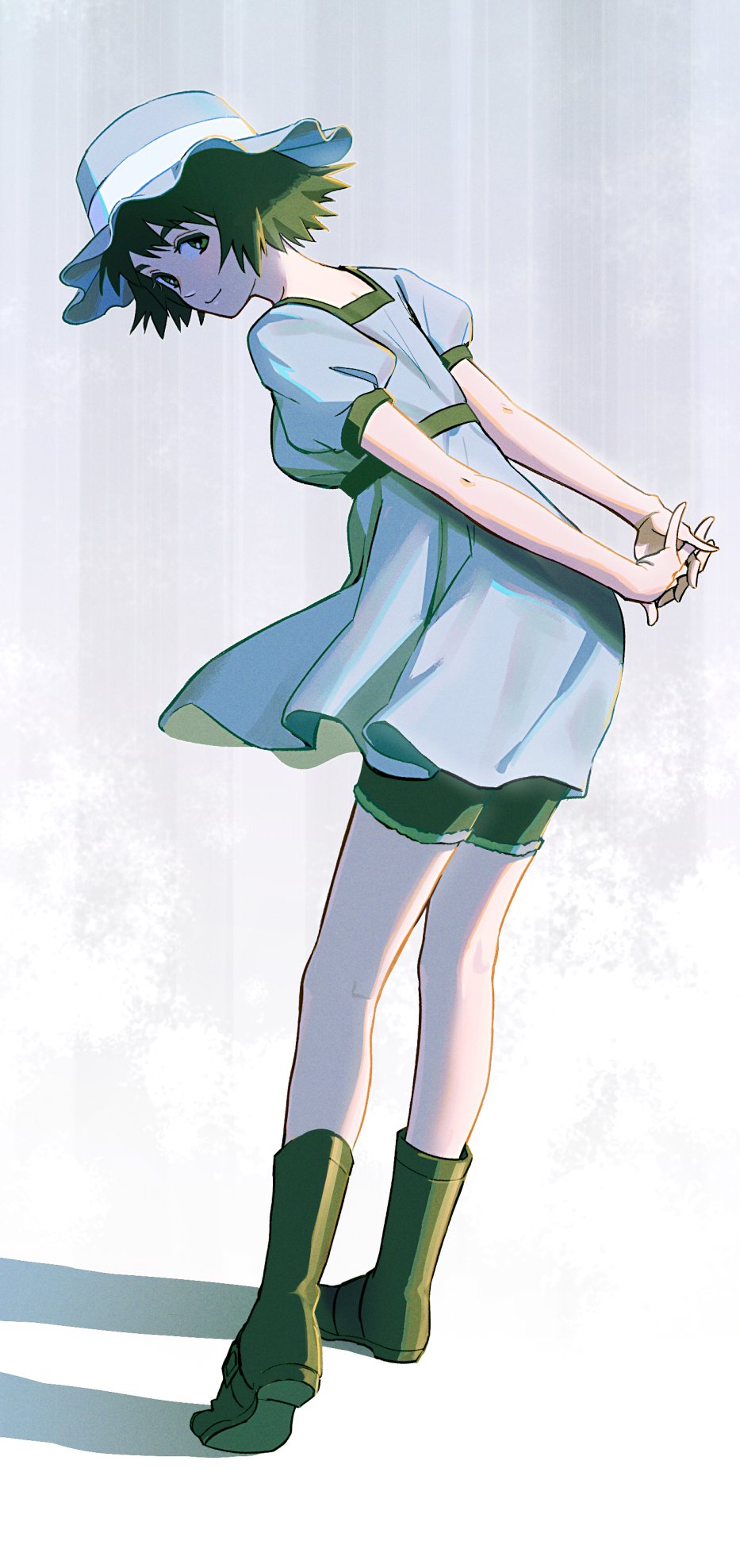 1girl arms_behind_back boots closed_mouth dress green_eyes green_footwear green_hair grey_dress grey_headwear hat highres looking_at_viewer looking_back nashigaya_koyomi own_hands_together puffy_sleeves shiina_mayuri short_hair smile solo steins;gate