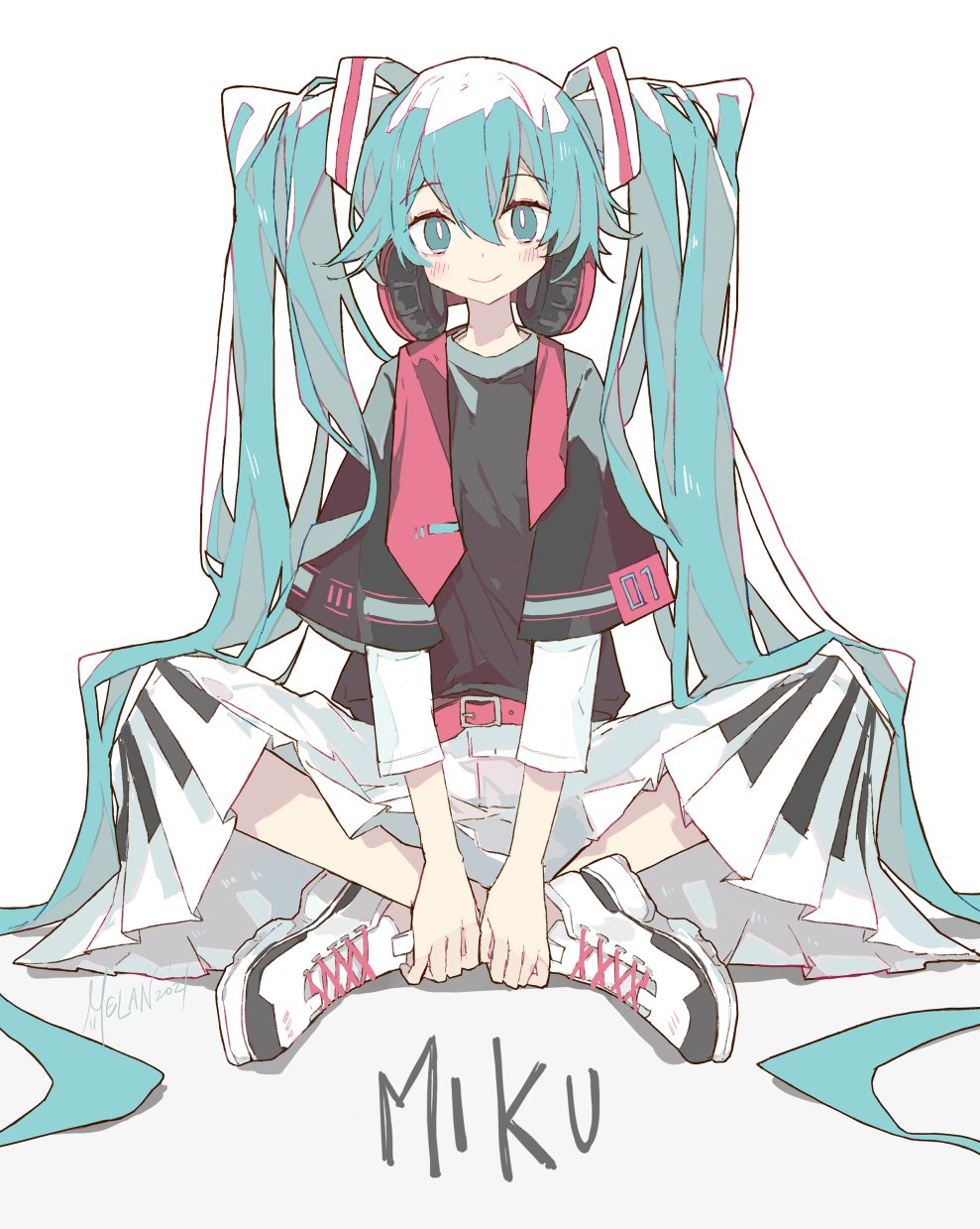 1girl aqua_eyes aqua_hair artist_name baggy_clothes bangs belt belt_buckle black_shirt blush buckle character_name commentary dot_nose english_commentary english_text hair_between_eyes hands_on_feet hatsune_miku headphones headphones_around_neck highres indian_style limited_palette long_bangs long_hair looking_at_viewer melanbread necktie necktie_removed piano_print shirt shoes short_sleeves signature simple_background sitting smile sneakers solo straight-on tie_clip twintails very_long_hair vocaloid white_background white_footwear