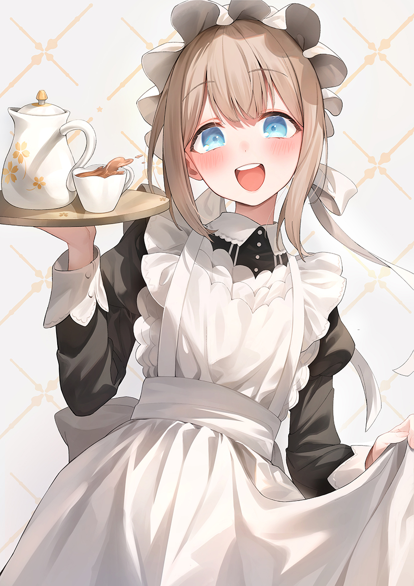 1girl alternate_costume apron blush dress enmaided gawain_(artist) grey_hair hat highres holding holding_tray idolmaster idolmaster_shiny_colors juliet_sleeves long_sleeves looking_at_viewer maid mob_cap pinafore_dress puffy_sleeves serizawa_asahi simple_background smile solo teapot tray white_apron white_background