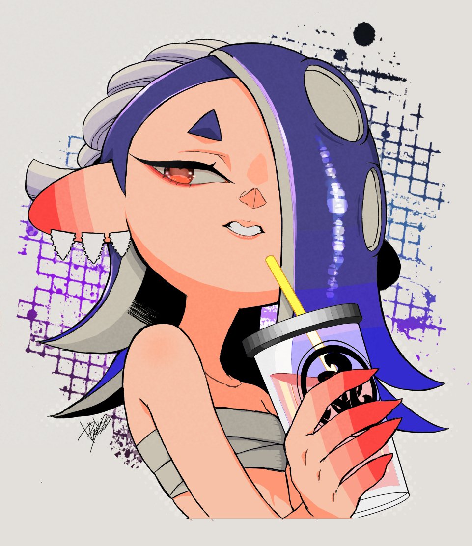 1girl 2022 bare_shoulders blue_hair cephalopod_eyes chest_sarashi colored_skin cup drink drinking_straw earrings eyeliner flat_chest hachimaki hair_over_one_eye hand_up headband holding holding_cup holding_drink horizontal_pupils isamu-ki_(yuuki) jewelry lips long_hair looking_to_the_side makeup midriff multicolored_skin multiple_earrings nejiri_hachimaki octarian parted_lips pink_lips pink_pupils red_eyeliner red_eyes red_skin sarashi shiver_(splatoon) signature solo splatoon_(series) splatoon_3 suction_cups teeth tentacle_hair tooth_earrings upper_body white_background