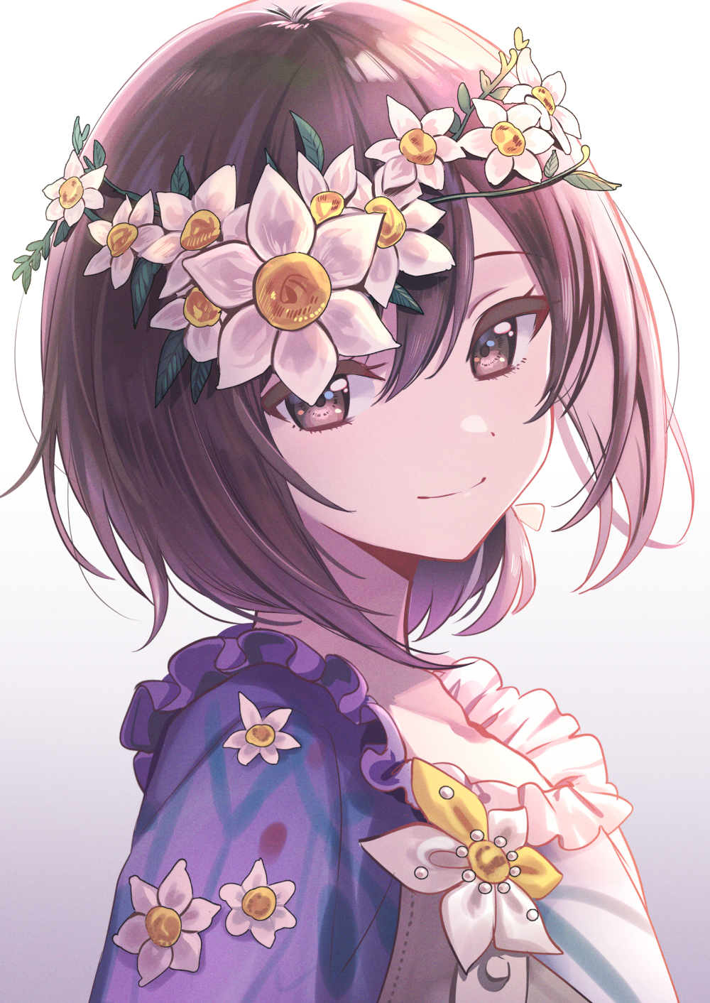 1girl bangs blue_shirt brown_eyes brown_hair closed_mouth deadnooodles flower flower_wreath frilled_shirt_collar frills from_side gradient gradient_background grey_background hair_between_eyes hand_up head_wreath highres looking_at_viewer looking_to_the_side project_sekai shinonome_ena shirt short_hair smile solo white_background white_flower