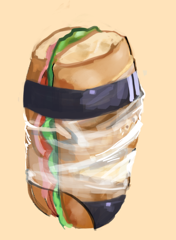 english_commentary food food_focus gris_swimsuit lunydoobles meme_attire no_humans one-piece_swimsuit original parody sandwich see-through_swimsuit sketch swimsuit yellow_background