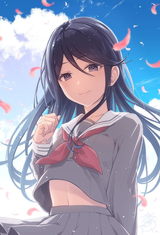 1girl arm_at_side backlighting bangs black_hair blouse blue_sky blurry clenched_hand clothes_lift clouds cloudy_sky contrail day depth_of_field floating_hair grey_eyes grey_shirt grey_skirt half-closed_eyes hand_up hinata_mizuiro hoshino_ichika_(project_sekai) light_blush light_particles long_hair looking_at_viewer midriff_peek miyamasuzaka_girls'_academy_uniform navel neckerchief outdoors petals pleated_skirt project_sekai red_neckerchief sailor_collar school_uniform shirt skirt sky smile solo straight_hair swept_bangs tsurime white_sailor_collar wind wind_lift