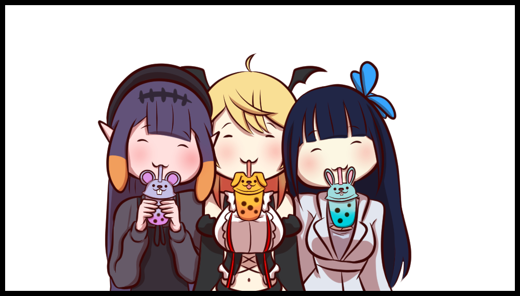 3girls :3 ahoge aoi_nabi black_hair blonde_hair breasts bubble_tea bubble_tea_challenge detached_sleeves drinking drinking_straw drinking_straw_in_mouth flat_chest head_wings hololive hololive_english holykoshi indie_virtual_youtuber large_breasts midriff multicolored_hair multiple_girls navel ninomae_ina'nis object_on_breast orange_hair pointy_ears purple_hair tentacle_hair two-tone_hair yozora_mel