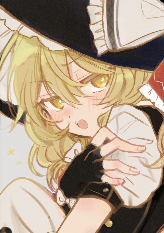 1girl bangs black_gloves black_headwear black_vest blonde_hair blush bow buttons d: fingerless_gloves gloves hair_between_eyes hair_bow hakurei_reimu hat hat_bow kirisame_marisa long_hair looking_to_the_side open_mouth poprication puffy_short_sleeves puffy_sleeves shirt short_sleeves simple_background solo touhou upper_body vest wavy_hair white_background white_bow white_shirt witch_hat yellow_eyes