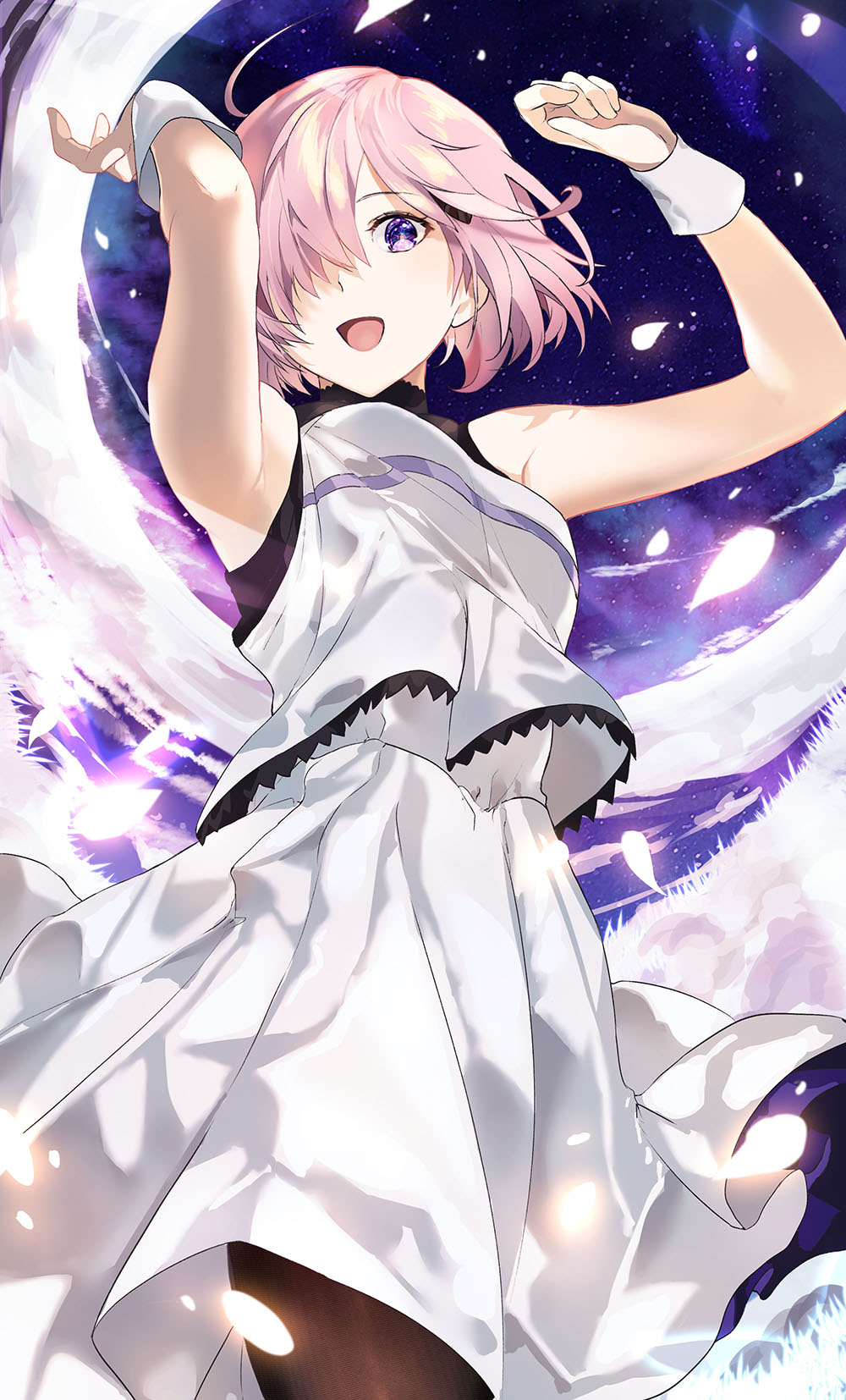 1girl alternate_costume armpits arms_up bare_shoulders brown_pantyhose commentary dress fate/grand_order fate_(series) formal hair_over_one_eye highres light_purple_hair looking_at_viewer mash_kyrielight mash_kyrielight_(under_the_same_sky) official_alternate_costume one_eye_covered open_mouth pantyhose petals ruz00141 short_hair sleeveless sleeveless_dress smile solo violet_eyes white_dress wrist_cuffs