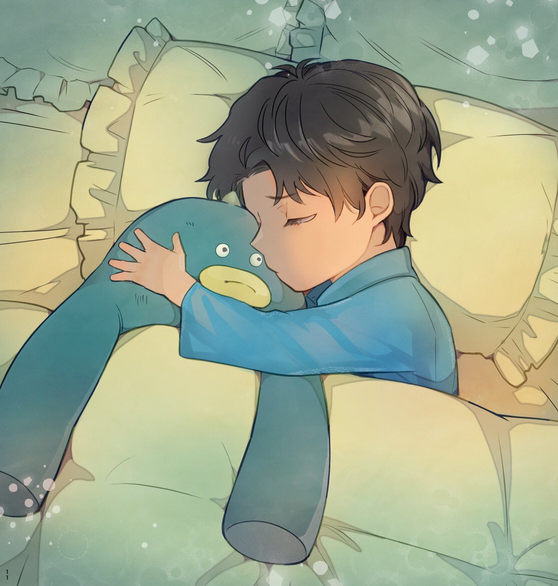 1boy bed_sheet black_hair blue_pajamas child closed_eyes commentary_request damian_desmond hug long_sleeves lying male_child male_focus on_bed on_side pajamas pillow short_hair sleeping solo spy_x_family stuffed_animal stuffed_toy suga_gumi_(gm)