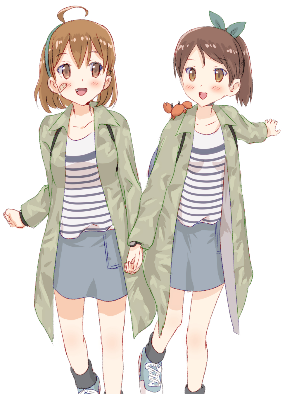 2girls ahoge ayanami_(kancolle) bandaid bandaid_on_face blue_hairband blue_skirt brown_eyes brown_hair coat cosplay crab_on_shoulder denim denim_skirt fang feet_out_of_frame grey_coat hairband highres holding_hands kantai_collection kujira_naoto matching_outfit multiple_girls oboro_(kancolle) oboro_(kancolle)_(cosplay) official_alternate_costume ponytail shirt shoes short_hair simple_background skirt sneakers striped striped_shirt white_background