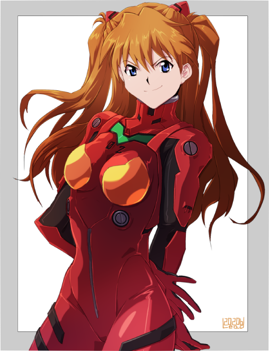 1girl blue_eyes bodysuit breasts closed_mouth dated gloves hair_ornament long_hair looking_at_viewer neon_genesis_evangelion orange_hair osanpogakari plugsuit red_bodysuit simple_background smile solo souryuu_asuka_langley standing white_background