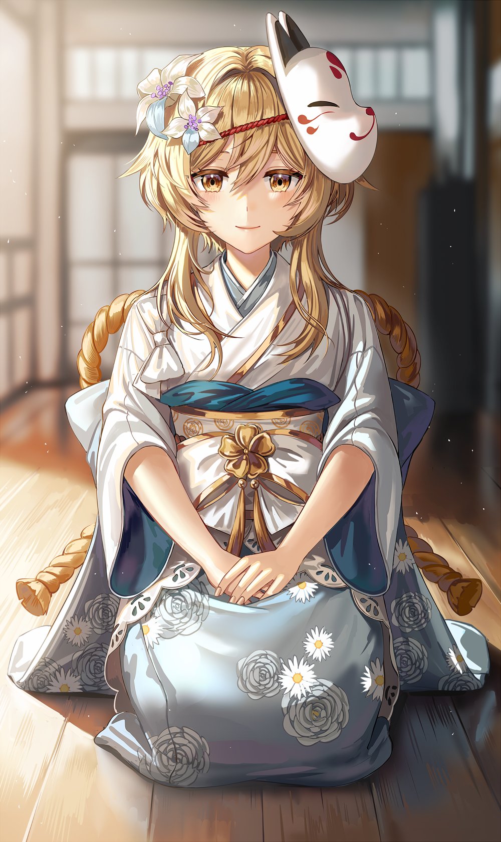 1girl blonde_hair blurry blurry_background blush closed_mouth day floral_print flower fox_mask genshin_impact hair_between_eyes hair_flower hair_ornament highres indoors japanese_clothes kimono light_particles looking_at_viewer lumine_(genshin_impact) mask mask_on_head on_floor print_kimono rope seiza shimenawa short_hair_with_long_locks silence_girl sitting smile solo white_flower white_kimono