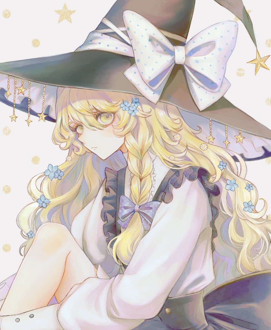 1girl black_headwear black_skirt black_vest blonde_hair bow braid closed_mouth hair_between_eyes hat hat_bow hourai_kiriri kirisame_marisa long_hair long_sleeves shirt single_braid skirt solo star_(symbol) touhou vest white_bow white_shirt witch_hat yellow_eyes