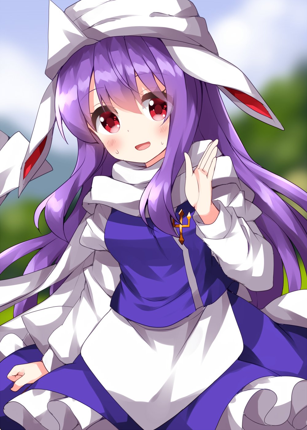 1girl animal_ears apron bangs blue_skirt blue_vest blush breasts commentary_request cosplay hat highres juliet_sleeves lapel_pin letty_whiterock letty_whiterock_(cosplay) long_hair long_sleeves medium_breasts one-hour_drawing_challenge open_mouth puffy_short_sleeves puffy_sleeves purple_hair rabbit_ears red_eyes reisen_udongein_inaba ruu_(tksymkw) scarf shirt short_sleeves skirt skirt_set solo touhou very_long_hair vest waist_apron white_apron white_headwear white_scarf white_shirt