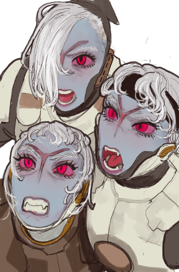 3girls armor blue_skin blush breastplate colored_sclera colored_skin fangs glaring hair_over_one_eye mossacannibalis multiple_girls one_eye_covered open_mouth red_eyes red_sclera scowl short_hair simple_background t'au warhammer_40k white_background white_hair