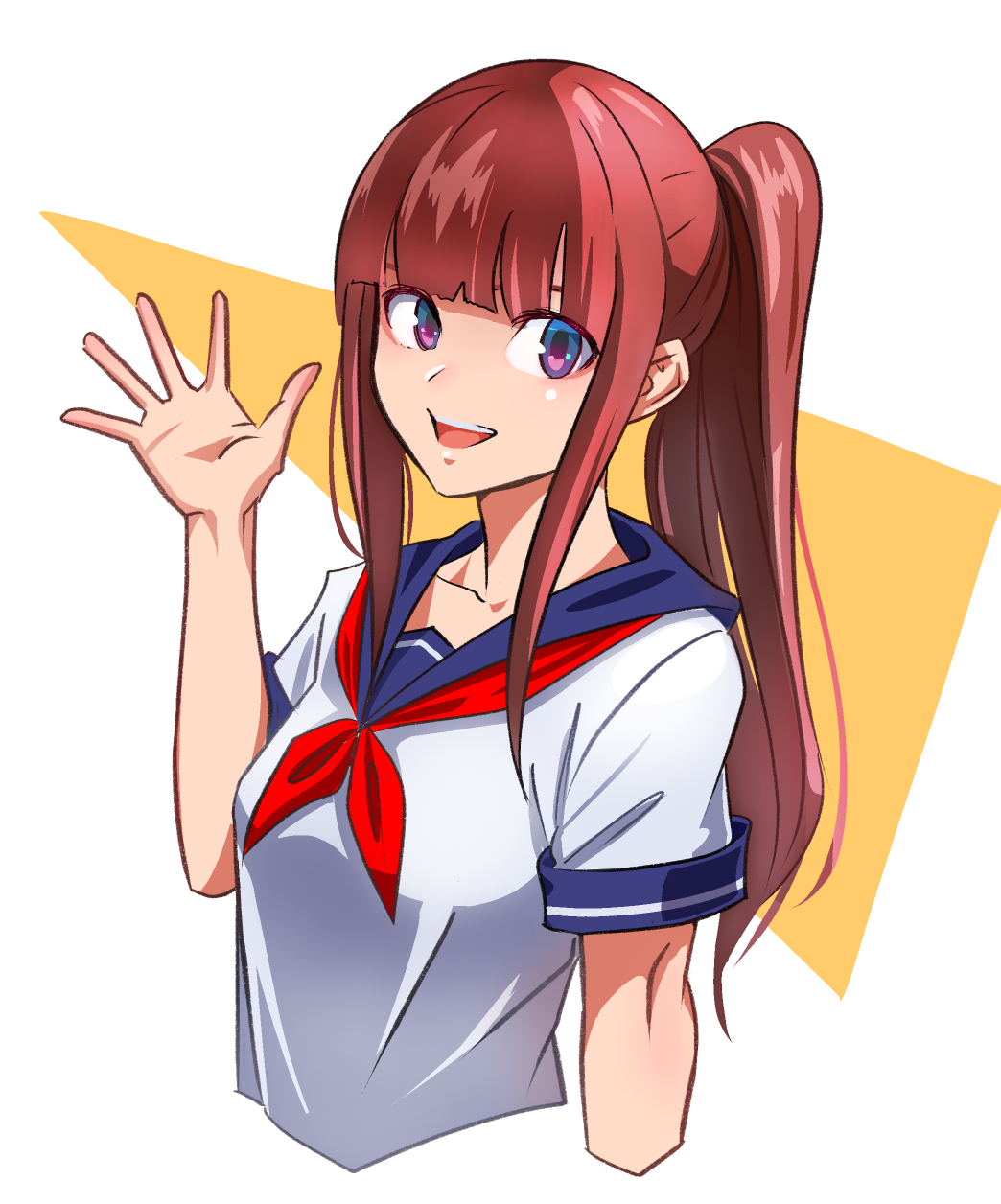 1girl :d blue_sailor_collar brown_hair collared_shirt cropped_arms cropped_torso highres long_hair looking_at_viewer neckerchief open_mouth original outstretched_hand ponytail red_neckerchief sailor_collar sailor_shirt school_uniform serafuku shiny shiny_hair shirt short_sleeves sidelocks sketch smile solo sushi_(sashimise) very_long_hair violet_eyes waving white_background white_shirt