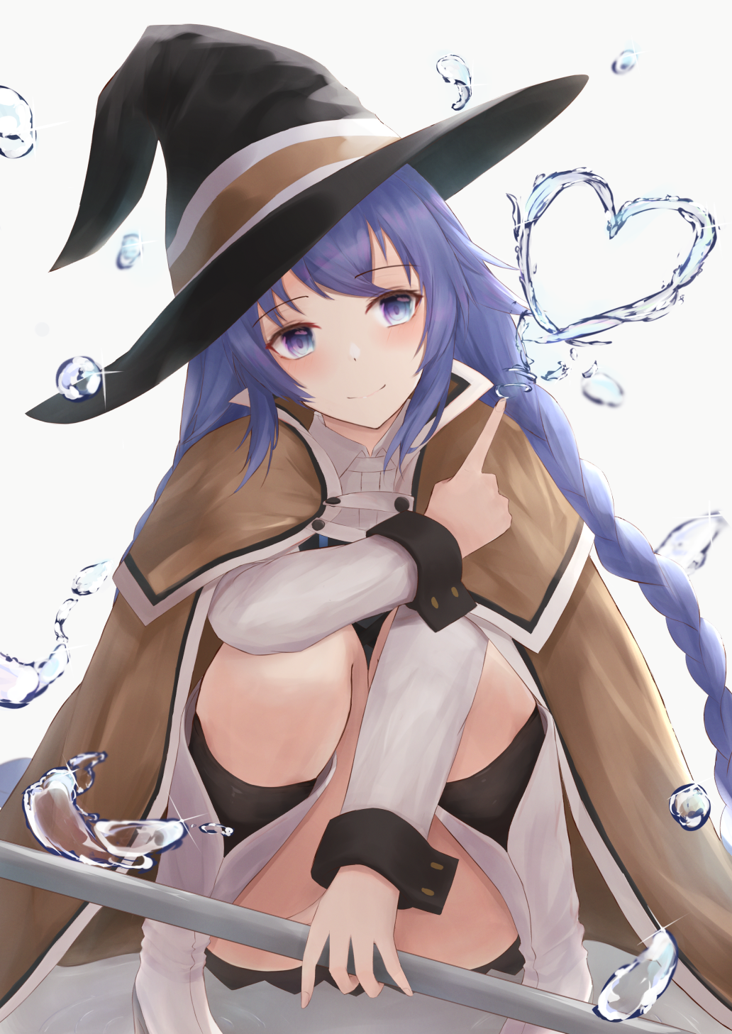 1girl bangs black_skirt black_socks blue_eyes blue_hair boots braid brown_cape cape closed_mouth crossed_bangs dress full_body hair_between_eyes hat heart highres holding holding_staff hydrokinesis knees_up long_braid long_hair looking_at_viewer mushoku_tensei roxy_migurdia skirt smile socks squatting staff takoho_(frrh8747) thighs twin_braids water white_footwear witch_hat