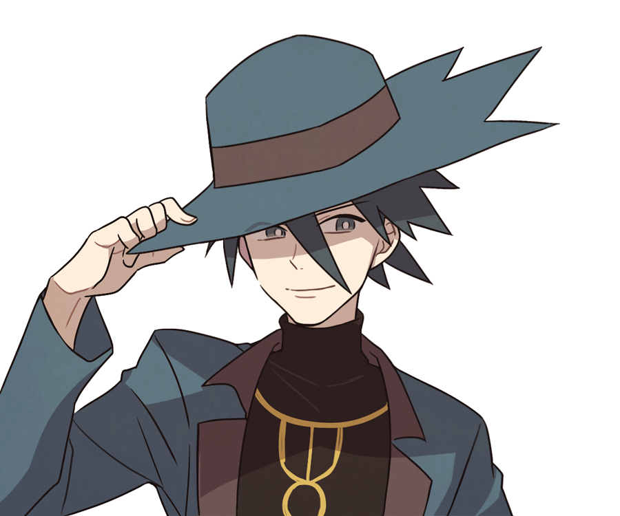 1boy aqua_headwear aqua_jacket bangs black_hair black_shirt bright_pupils closed_mouth commentary grey_eyes hair_between_eyes hand_on_headwear hand_up hat jacket jewelry long_sleeves male_focus necklace pokemon pokemon_(game) pokemon_dppt riley_(pokemon) shirt short_hair simple_background smile solo spiky_hair ssalbulre white_background white_pupils