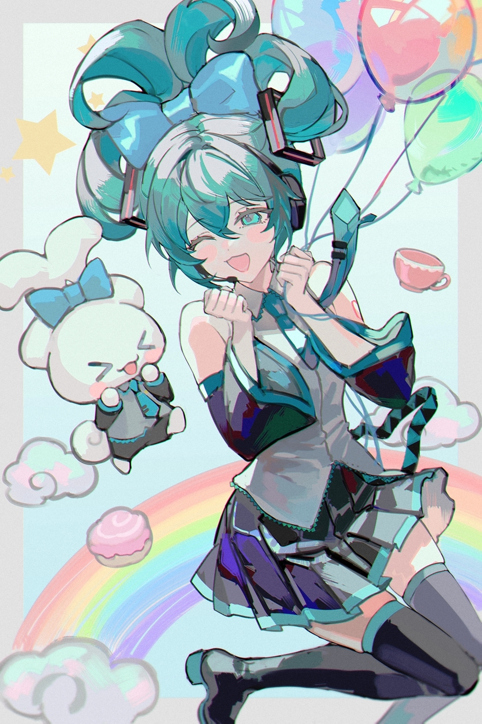 &gt;_&lt; 1girl :d aqua_eyes aqua_hair aqua_necktie balloon bangs black_footwear black_skirt black_sleeves blue_bow blush boots bow cinnamiku cinnamoroll clenched_hands clouds collared_shirt commentary_request crossover cup detached_sleeves foot_out_of_frame grey_shirt hair_between_eyes hair_bow hatsune_miku headset highres holding holding_balloon looking_at_another lunar_(lunar_815) matching_outfit necktie one_eye_closed parted_lips pleated_skirt rainbow sanrio shirt skirt sleeveless sleeveless_shirt smile star_(symbol) teacup thigh_boots tie_clip updo vocaloid