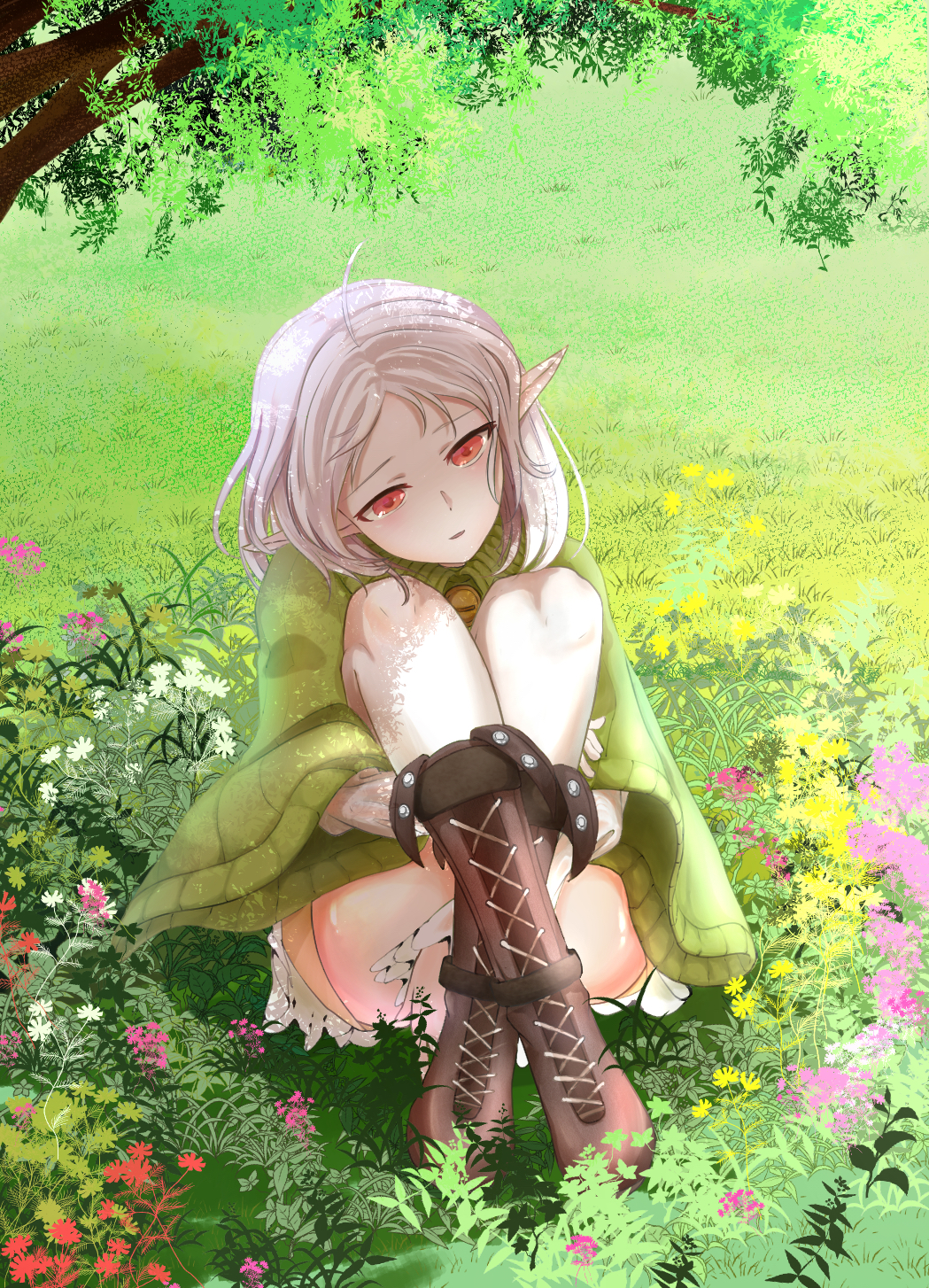 1girl ahoge belt_boots boots brown_footwear capelet collar cross-laced_footwear dress elf eyelashes forehead full_body gensoukyou1030 glass green_capelet highres knees_up long_sleeves medium_hair mushoku_tensei outdoors pointy_ears red_eyes shiny shiny_skin shorts sitting solo sylphiette_(mushoku_tensei) thigh-highs thighs tree white_dress white_hair white_thighhighs