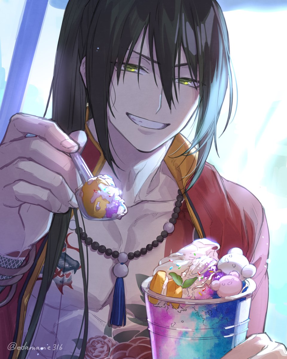 1boy alternate_hairstyle bangs black_hair chain_necklace commentary_request dragon_tattoo edamameoishii fate/grand_order fate_(series) flower_tattoo food full-body_tattoo green_eyes hair_between_eyes highres holding holding_ice_cream holding_spoon ice_cream jacket jewelry long_hair long_sleeves looking_at_viewer male_focus necklace official_alternate_costume pearl_necklace ponytail red_jacket smile solo spoon tattoo teeth toned toned_male twitter_username upper_body very_long_hair yan_qing_(fate) yan_qing_(training_wear)_(fate)