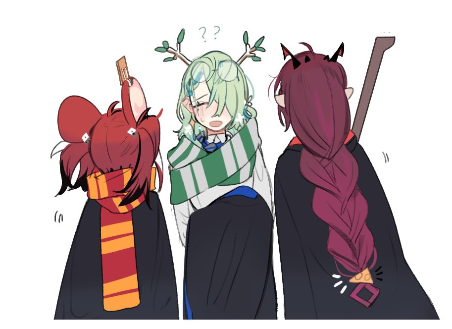 3girls ? ?? ahoge alternate_universe animal_ears antlers black_hair braid branch broom brown_hair ceres_fauna cloak closed_eyes collared_shirt dice_hair_ornament eus_ing flower french_braid green_scarf gryffindor hair_flower hair_ornament hair_over_one_eye hakos_baelz harry_potter_(series) high-waist_skirt hogwarts_school_uniform hololive hololive_english hood hooded_cloak horns irys_(hololive) mole mole_under_eye mouse_ears mouse_girl mousetrap multicolored_hair multiple_girls necktie purple_hair ravenclaw red_scarf redhead scarf school_uniform shirt short_hair skirt slytherin smile sparkle streaked_hair virtual_youtuber white_hair white_shirt yellow_eyes