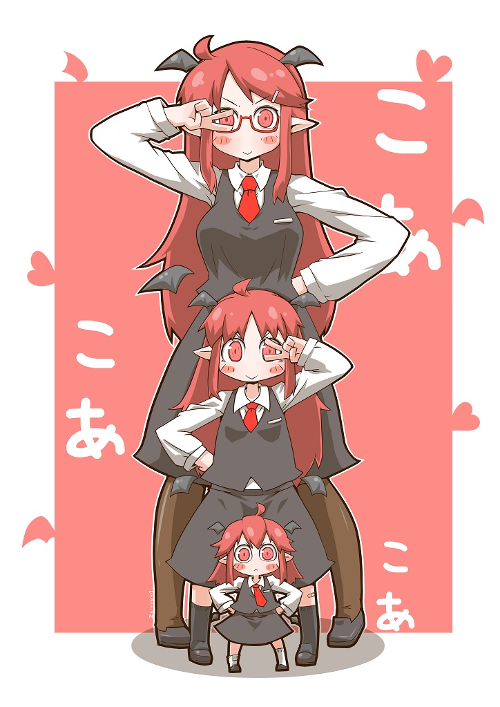 &gt;:) 3girls :&gt; :&lt; ahoge arm_up bandaid bandaid_on_leg bat_wings bespectacled black_footwear black_skirt black_socks black_vest blush_stickers border breasts brown_pantyhose child commentary_request detached_wings glasses hair_ornament hairclip hand_on_hip hands_on_hips head_wings heart height_difference koa_(phrase) koakuma loafers long_hair long_sleeves looking_at_viewer low_wings medium_breasts minigirl multiple_girls multiple_persona necktie pantyhose pointy_ears pose red-framed_eyewear red_background red_eyes red_necktie redhead semi-rimless_eyewear shoes simple_background size_difference skirt socks touhou v v-shaped_eyebrows very_long_hair vest white_border white_socks wide-eyed wings zannen_na_hito