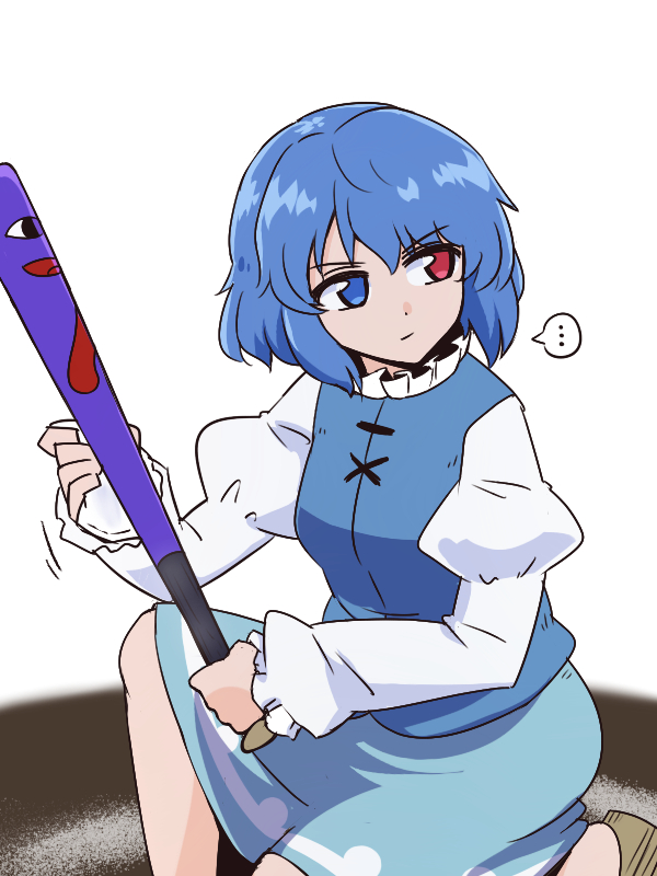 ... 1girl bangs baseball_bat blue_eyes blue_hair blue_skirt blue_vest closed_mouth cross-laced_clothes heterochromia holding holding_baseball_bat juliet_sleeves long_sleeves puffy_sleeves red_eyes shio_(futatsumami) shirt short_hair skirt solo spoken_ellipsis tatara_kogasa touhou vest white_background white_shirt