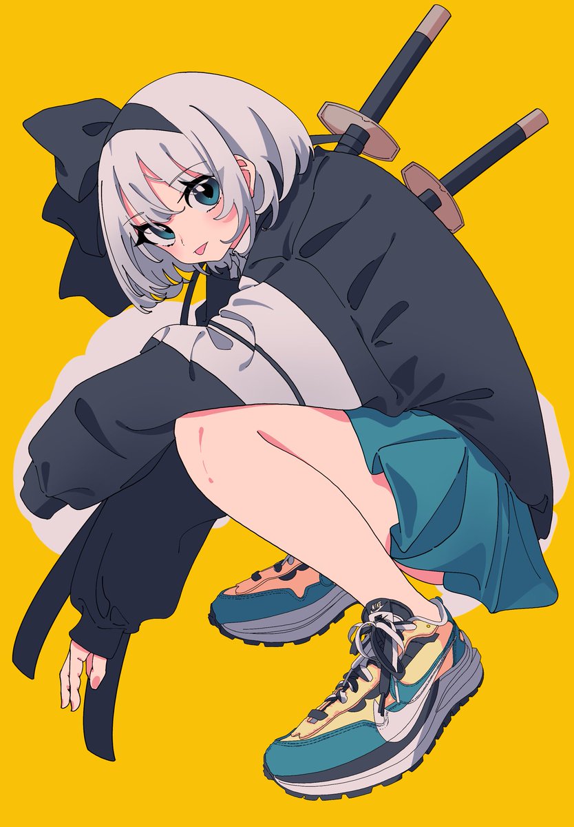 1girl :p adapted_costume alternate_footwear bad_id bad_twitter_id black_headband black_jacket black_ribbon closed_mouth commentary contemporary full_body green_eyes green_footwear green_skirt grey_hair hair_ribbon headband highres jacket katana konpaku_youmu konpaku_youmu_(ghost) long_sleeves looking_at_viewer medium_hair multicolored_footwear nike product_placement ribbon sheath sheathed shoes simple_background skirt sleeves_past_fingers sleeves_past_wrists sneakers solo squatting sword sword_on_back tongue tongue_out touhou tsumaseu weapon weapon_on_back white_footwear yellow_background yellow_footwear