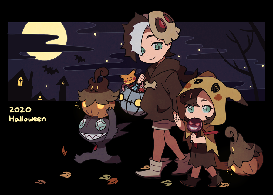 1boy 1girl 2020 aged_down bat_(animal) boots brother_and_sister chandelure closed_mouth commentary duskull eating eyelashes food from_side green_eyes halloween halloween_bucket holding hood hoodie marnie_(pokemon) mask mask_on_head moon night outdoors piers_(pokemon) pikachu pokemon pokemon_(game) pokemon_swsh popsicle pumpkaboo sableye short_hair shorts siblings sky smile ssalbulre standing