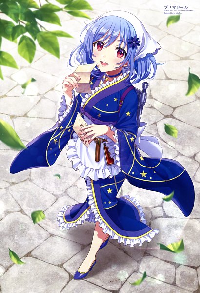 1girl bare_legs blue_choker blue_footwear blue_hair blue_kimono doll envelope flower_on_head frilled_apron frilled_dress frilled_sleeves hair_ornament happy headband high_heels houkiboshi_(prima_doll) japanese_clothes kanji kimono leaves leaves_in_wind letter looking_at_viewer looking_up maroon_eyes medium_breasts medium_hair outdoors parted_lips patterned_clothing pavement prima_doll_(anime) reading ribbon robot shoes smiling tools waist_apron wavy_hair woman