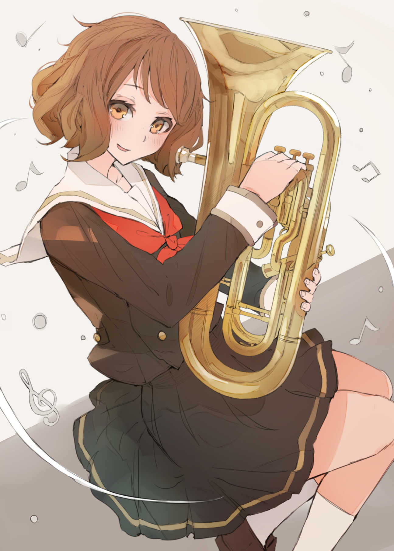 1girl bana_(stand_flower) blush brown_eyes brown_hair brown_shirt brown_skirt eighth_note euphonium hands_up hibike!_euphonium highres holding holding_instrument instrument kitauji_high_school_uniform long_sleeves looking_at_viewer musical_note neckerchief open_mouth oumae_kumiko pleated_skirt quarter_note red_neckerchief sailor_collar school_uniform serafuku shirt short_hair sitting skirt smile socks solo uniform white_sailor_collar white_socks