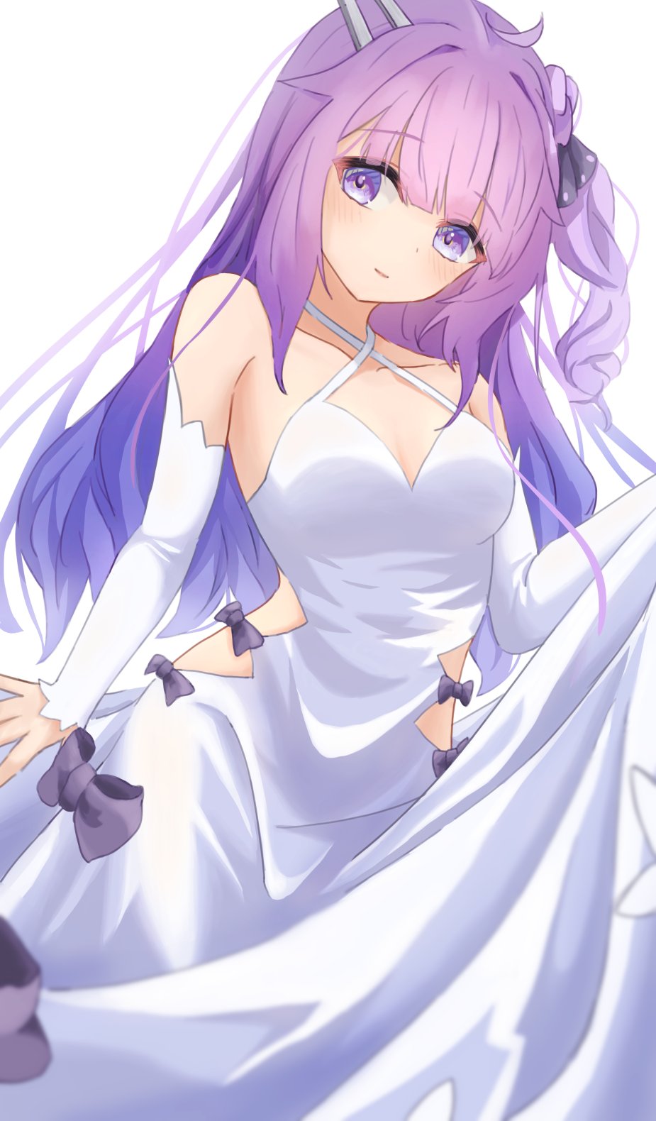 1girl ahoge azur_lane black_ribbon chisei259 clothing_cutout criss-cross_halter dress hair_bun halterneck highres hip_vent long_hair looking_at_viewer one_side_up purple_hair ribbon single_hair_bun single_side_bun smile solo unicorn_(azur_lane) violet_eyes white_dress