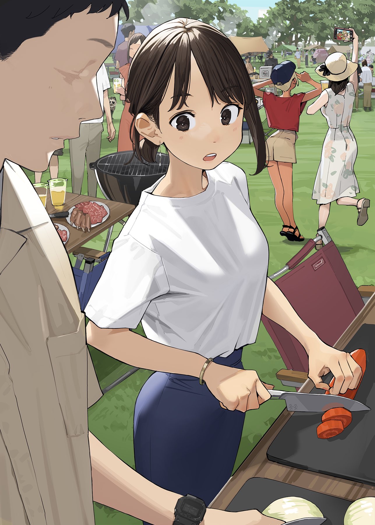 1boy 3girls alcohol barbecue blue_skirt bracelet brown_eyes brown_hair brown_shorts carrot commentary_request cup douki-chan_(douki-chan) douki-kun_(douki-chan) dress drinking_glass earrings faceless faceless_male floral_print food ganbare_douki-chan grass hat highres holding holding_knife intern_(douki-chan) jewelry knife kouhai-chan_(douki-chan) looking_at_another multiple_girls open_mouth outdoors print_dress red_shirt shirt short_hair short_sleeves shorts skirt sleeveless sleeveless_dress teeth upper_teeth watch white_dress white_shirt yellow_headwear yomu_(sgt_epper)