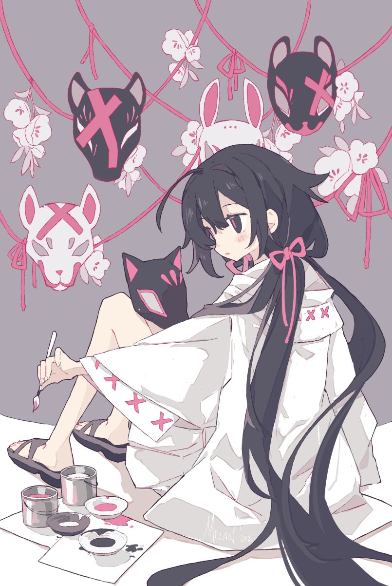 1girl ahoge artist_name bangs black_eyes black_hair blush bunny_mask coat commentary english_commentary fingernails flower fox_mask from_behind hair_between_eyes hair_ribbon highres holding holding_paintbrush knees_up limited_palette long_hair mask melanbread original paint paint_can paintbrush painting_(action) paper parted_lips pink_ribbon ribbon sandals sidelocks signature sitting skirt solo very_long_hair white_coat white_flower white_skirt wide_sleeves x