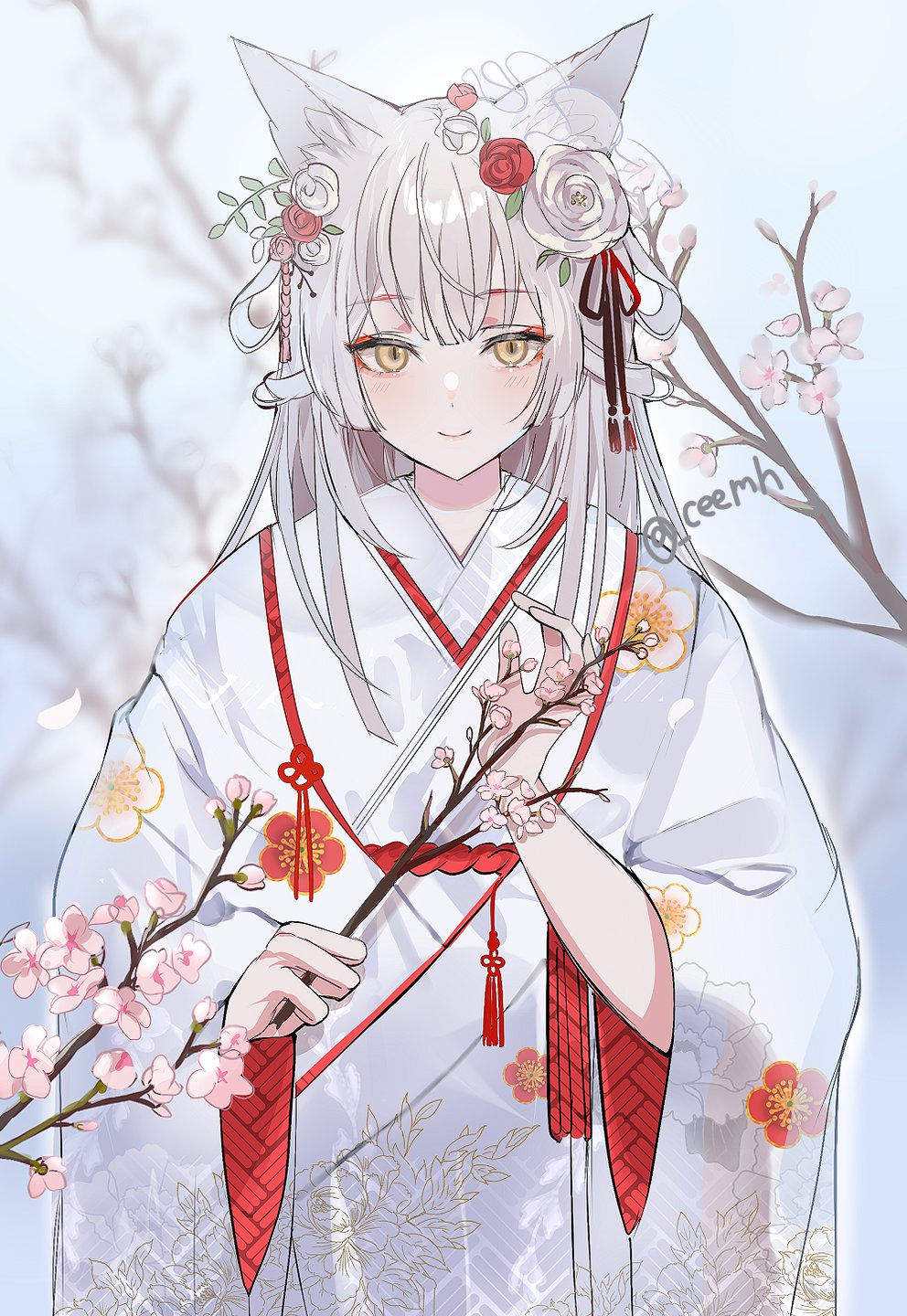 1girl animal_ear_fluff animal_ears bangs branch cherry_blossoms chiemo_(xcem) closed_mouth eyeshadow flower fox_ears fox_girl hair_flower hair_ornament highres holding holding_branch japanese_clothes kimono long_hair long_sleeves looking_at_viewer makeup original red_eyeshadow sidelocks smile solo twitter_username unmoving_pattern upper_body white_hair white_kimono wide_sleeves yellow_eyes