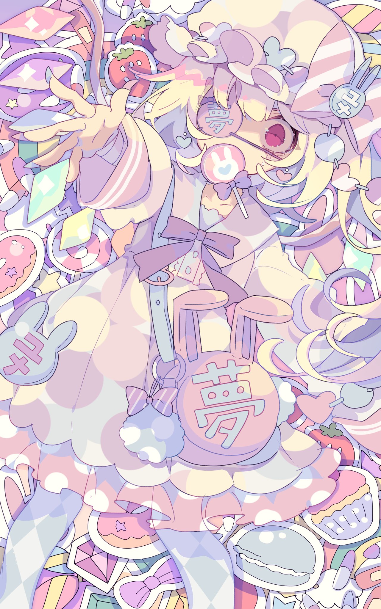1girl bag bangs blonde_hair blue_pantyhose bow bowtie bunny_eyepatch candy checkered_clothes checkered_legwear commentary covered_mouth crystal cupcake diamond_(gemstone) doughnut dress feet_out_of_frame flandre_scarlet food fruit hat hat_bow heart highres lollipop long_hair long_sleeves looking_at_viewer macaron mob_cap nikorashi-ka pantyhose pastel_colors pill pink_dress pink_eyes pink_headwear purple_bow purple_bowtie shoulder_bag solo sticker strawberry touhou wings