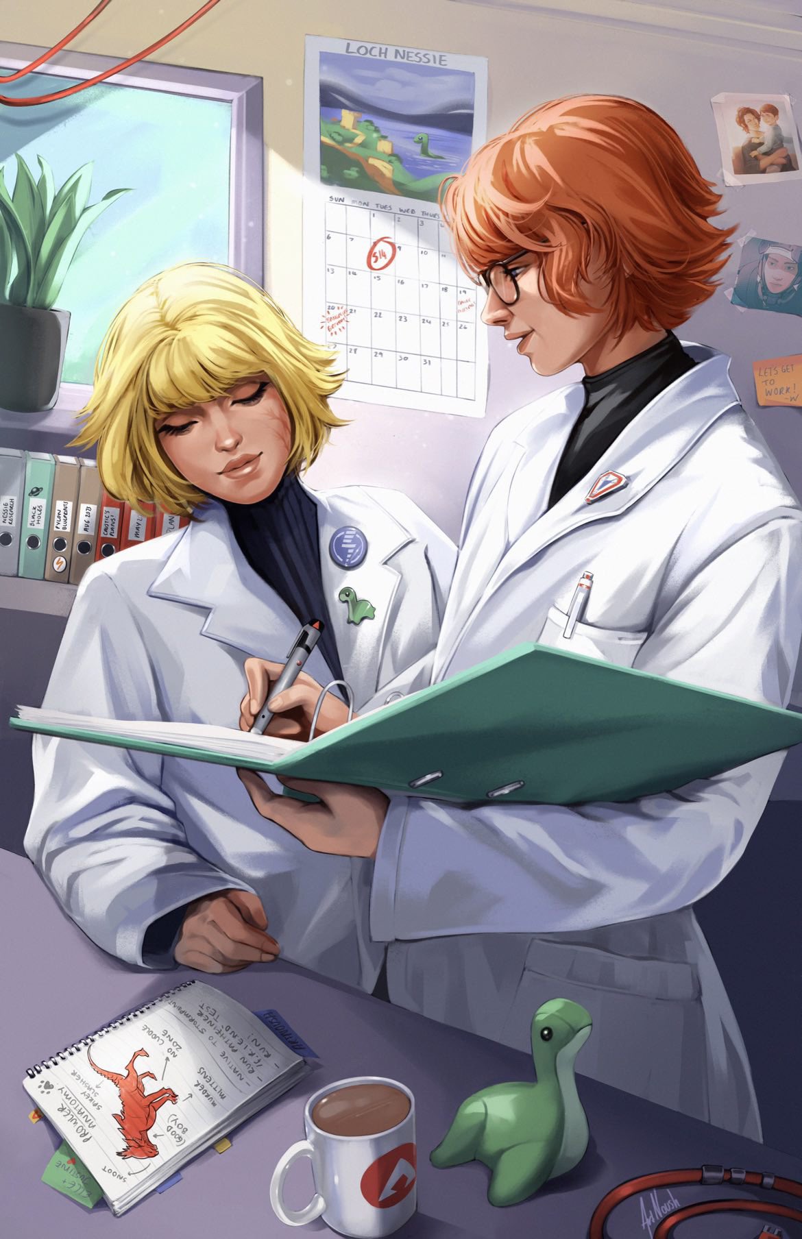 2girls apex_legends bangs binder black_sweater blonde_hair blue_eyes book cable calendar_(object) commission cup english_commentary highres holding holding_book holding_pen horizon_(apex_legends) labcoat looking_down mug multiple_girls nessie_(respawn) newton_somers notebook noush open_mouth pen plant prowler_(titanfall) ribbed_sweater scar scar_on_cheek scar_on_face second-party_source short_hair stuffed_toy sweater voidwalker_wraith wattson_(apex_legends) wraith_(apex_legends) writing