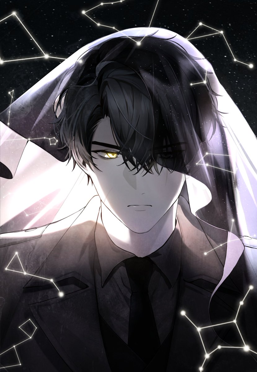 1boy black_hair black_necktie closed_mouth constellation dark_background formal hair_over_one_eye highres joonghyuk_yoo korean_commentary male_focus necktie omniscient_reader's_viewpoint portrait serious shine_s247 short_hair solo suit veil yellow_eyes