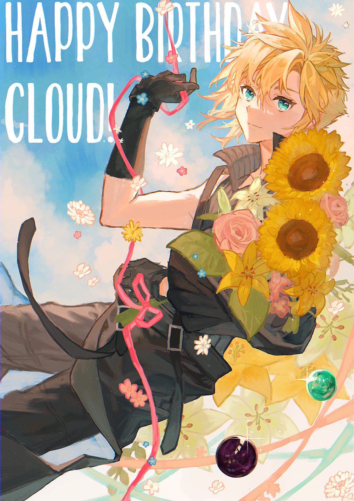 1boy aqua_eyes black_gloves black_pants black_shirt blonde_hair blue_background blue_flower bouquet character_name cloud_strife clouds cowboy_shot final_fantasy final_fantasy_vii final_fantasy_vii_advent_children flower gloves hair_between_eyes happy_birthday high_collar highres holding holding_bouquet looking_at_viewer male_focus materia open_collar pants pink_flower pink_ribbon pink_rose ribbon rose shirt short_hair single_sleeve sinota_ke sleeveless sleeveless_shirt solo spiky_hair sunflower white_flower yellow_flower