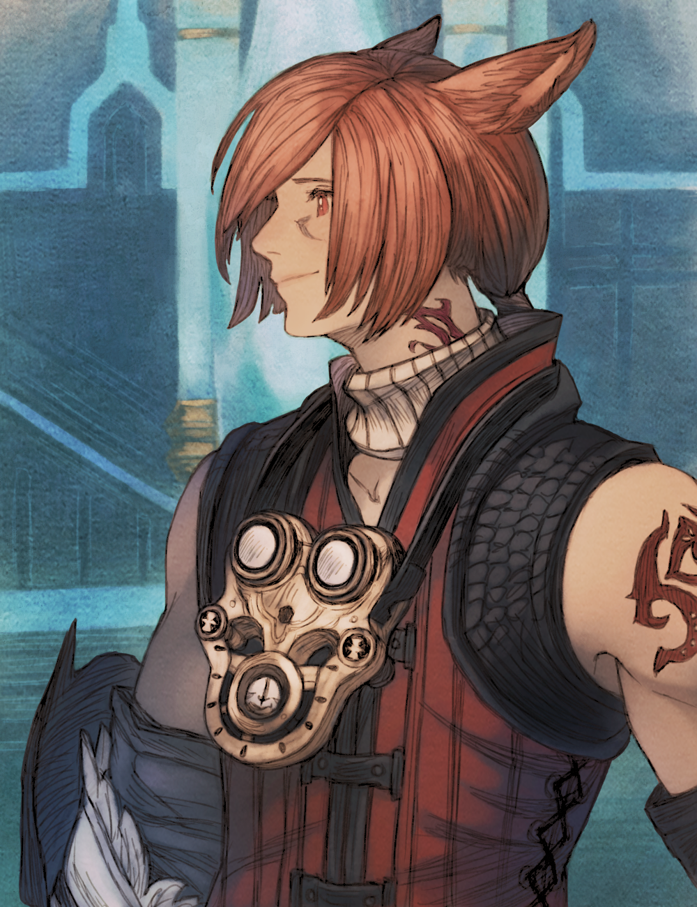 1boy animal_ears arm_tattoo arms_at_sides bangs building cat_ears collar facial_mark final_fantasy final_fantasy_xiv from_side g'raha_tia hatching_(texture) highres jacket looking_ahead low_ponytail maekakekamen male_focus miqo'te neck_tattoo red_eyes red_jacket redhead short_hair short_ponytail sleeveless sleeveless_jacket smile solo tattoo upper_body vambraces white_collar